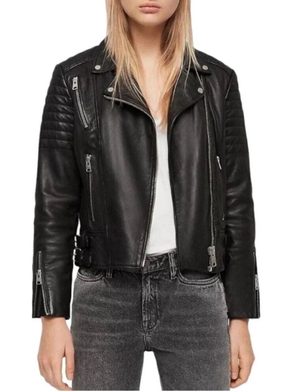 All Saints Black Leather Biker Jacket US 6